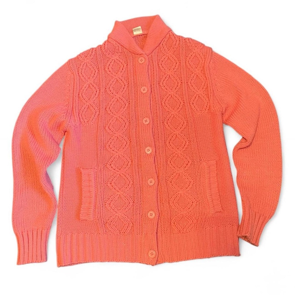 Vintage 80s Women's M Pink Cable Knit Big Button Pocket Acrylic Cardigan Sweater